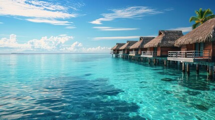 A row of wooden huts with thatched roofs, floating on turquoise water with palm trees in the background.