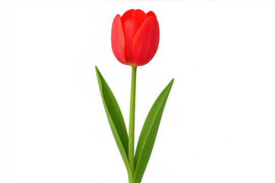 Vibrant red tulip with green leaves isolated on a transparent background, perfect for spring designs