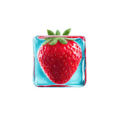 Fresh Red Strawberry Inside Clear Ice Cube on Transparent Background