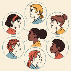 Diverse Portraits of People in Circular Frames Connected by Lines