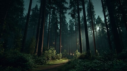 Fototapeta premium Enchanted dark forest at night with glowing lights and starry sky Woods