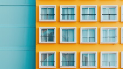 Obraz premium A vibrant yellow building with white windows and a blue facade.