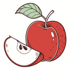Red Apple with Slice and Leaf Vintage Style Illustration