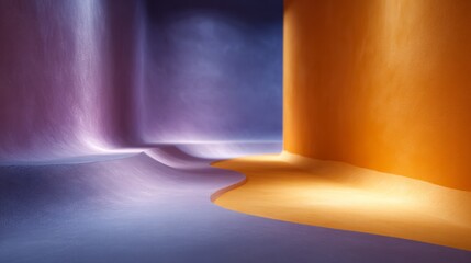 Abstract interplay of smooth curved surfaces in purple and orange hues with soft lighting