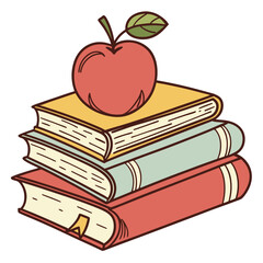 Stack of Colorful Books with a Red Apple on Top