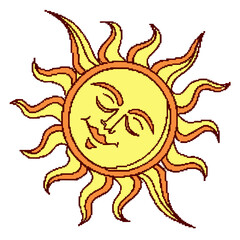Smiling Sun with Pixelated Details and Radiant Wavy Orange Rays