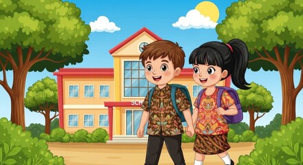 Cartoon illustration of students walking to school on a sunny day