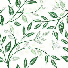 Stylized Green Leaf and Branch Pattern with Delicate Vein Details and Varied Tones