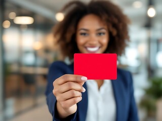 Close-up of professional woman holding a discount card in modern office. Perfect for finance, marketing, and promotional business content
