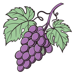Vibrant Cartoon Illustration of a Bunch of Purple Grapes with Green Leaves