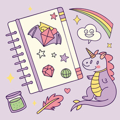Whimsical Unicorn Dragon and Decorated Spiral Notebook
