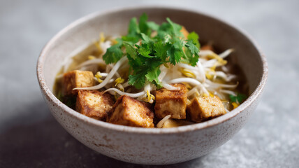 Vegan Thai noodle soup with tofu, bean sprout, cilantro, and fresh herbs in ceramic bowl, healthy and comforting
