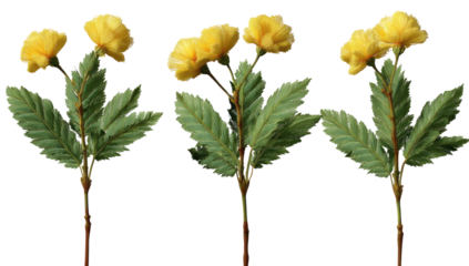 Three yellow flowers with green leaves
