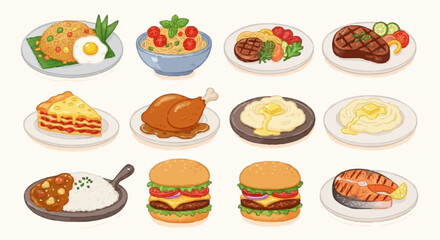 Vector with brush strokes on the theme of funny main meals