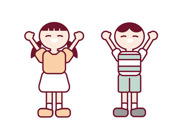 手を挙げて嬉しそうにポーズをとる男の子と女の子