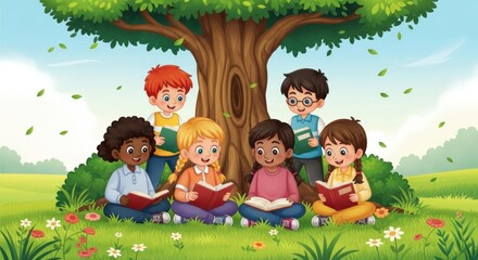 Diverse Children Reading Books Together Under a Large Tree in a Park