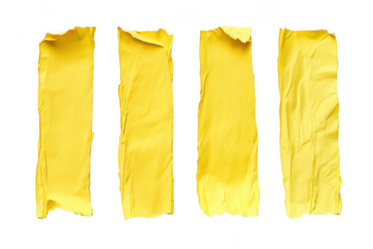 Four vertical torn yellow paper strips with rough edges isolated on transparent background