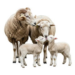 Fototapeta premium A ram, ewe, and two fluffy lambs stand together, portraying a tender family bond. The two young lambs are seen touching noses in a sweet gesture.