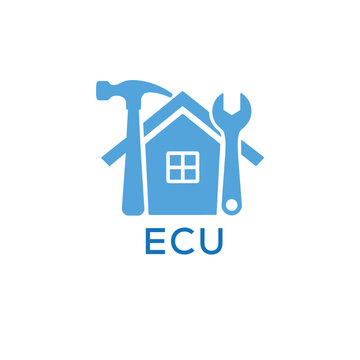 Home Repair Service Logo with Hammer and Wrench Icon &ndash;ECU Branding Design. ECU Letter Logo.
