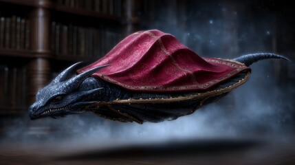 Obraz premium A fantastical dark scaled creature with horns draped in an ornate red fabric levitates in a misty environment before