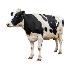 Fototapeta premium A full body view of a black and white holstein cow, a popular dairy breed, standing calmly. Ideal for agricultural, food, or livestock related designs.