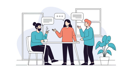 Fototapeta premium Three people discussing ideas and collaborating in an office setting with speech bubbles indicating conversation and communication