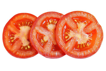 Three vibrant red tomato slices with visible seeds and juicy pulp isolated on transparent background