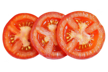 Three vibrant red tomato slices with visible seeds and juicy pulp isolated on transparent background