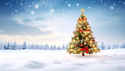 Obraz premium A festive winter landscape with a snowy Christmas tree under a cold, blue night sky, adorned with sparkling decorations and snowflakes