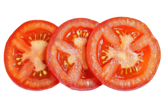 Three vibrant red tomato slices with visible seeds and juicy pulp isolated on transparent background