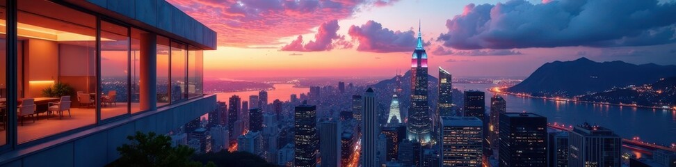 Breathtaking dusk view, sleek building overlooking vibrant city, panorama, highrise