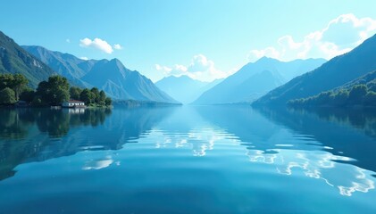 Naklejka premium Calm light blue lake ripples, mountain backdrop, alpine, view