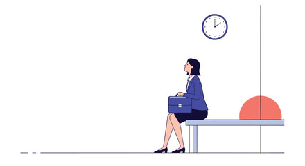 A professional woman sits patiently on a bench awaiting her appointment under a wall clock