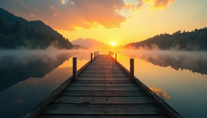 Fototapeta premium Golden light illuminates misty lake, weathered jetty stretches towards sunrise , jetty, tranquil