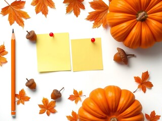 Autumnal flat lay with pumpkins leaves pencil and sticky notes