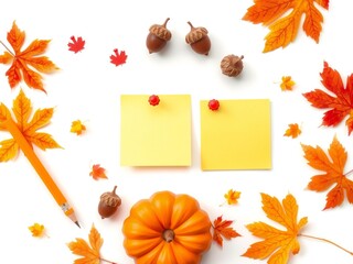 Autumnal flat lay with pumpkin acorns colorful leaves and sticky notes