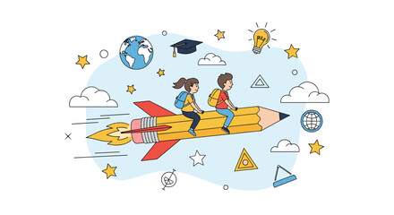 Children embark on an imaginative journey of learning and discovery riding a giant pencil rocket through the sky