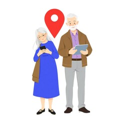 Elderly couple standing together with a location pin icon above them