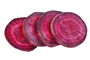 Four vibrant red beet slices arranged in a row showcasing their concentric rings and earthy texture isolated on transparent background