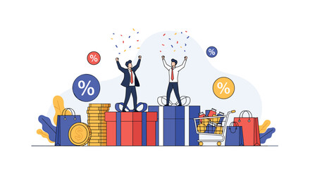 Celebration of successful business deals and financial achievements with gifts and discounts