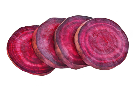 Four vibrant red beet slices arranged in a row showcasing their concentric rings and earthy texture isolated on transparent background