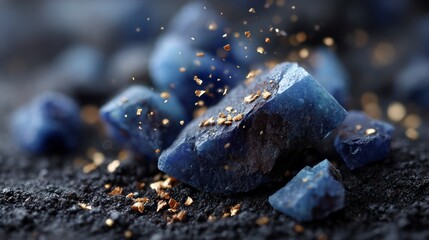 Rough uncut deep blue sapphire crystals with gold flakes scattered on dark gritty surface