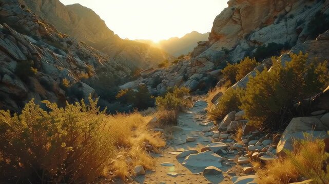 Golden sunlight illuminates a rugged desert path winding through rocky terrain and dry vegetation in a peaceful mountain canyon at sunset.