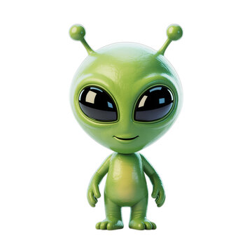 Cute green alien character with big eyes isolated on transparent background