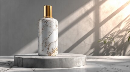 luxury marble cosmetic bottle with gold cap, marble cosmetic bottle product display, premium marble cosmetic bottle with shadow