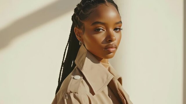 Elegant woman wearing a beige trench coat with her long braided hair tied in a high ponytail, posing in soft natural light.
