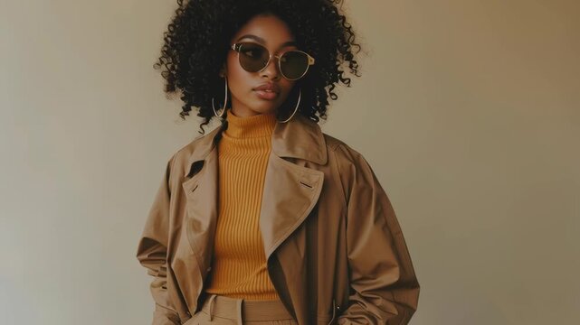 Stylish woman wearing a brown trench coat, ribbed turtleneck, and wide-leg pants poses with oversized sunglasses against a neutral background.