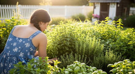Obraz premium Woman Gardening in a Lush Green Backyard During Sunny Day Engaged in Plant Care and Cultivation in a Peaceful Outdoor Setting for Relaxation and Nature Connection