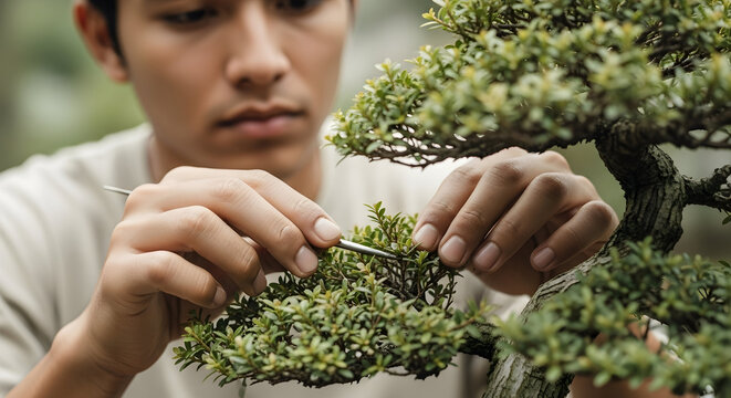 Young man carefully pruning and tending to lush green bonsai trees in a peaceful garden setting for hobby gardening and plant care enthusiasts