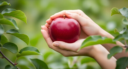Close-up of hands holding a ripe red apple amidst lush green apple tree branches and leaves in an orchard during daytime for healthy fresh fruit concept